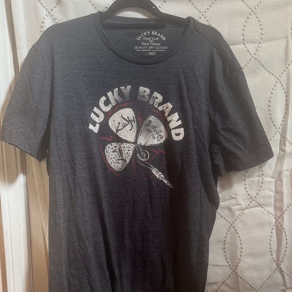 Lucky Brand Black Graphic Short Sleeve Tee with White and Red Print
